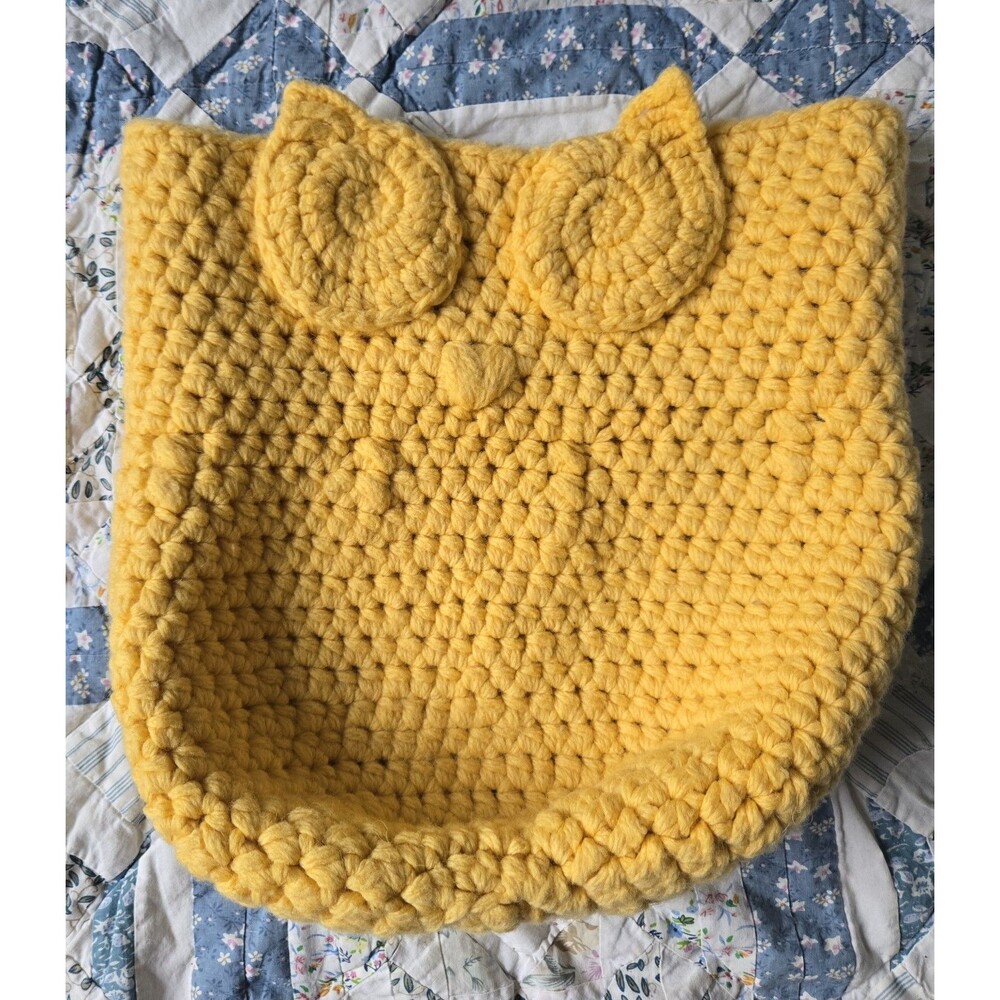 Crochet Owl Storage Basket Yellow Handmade Boho MCM Vintage Retro